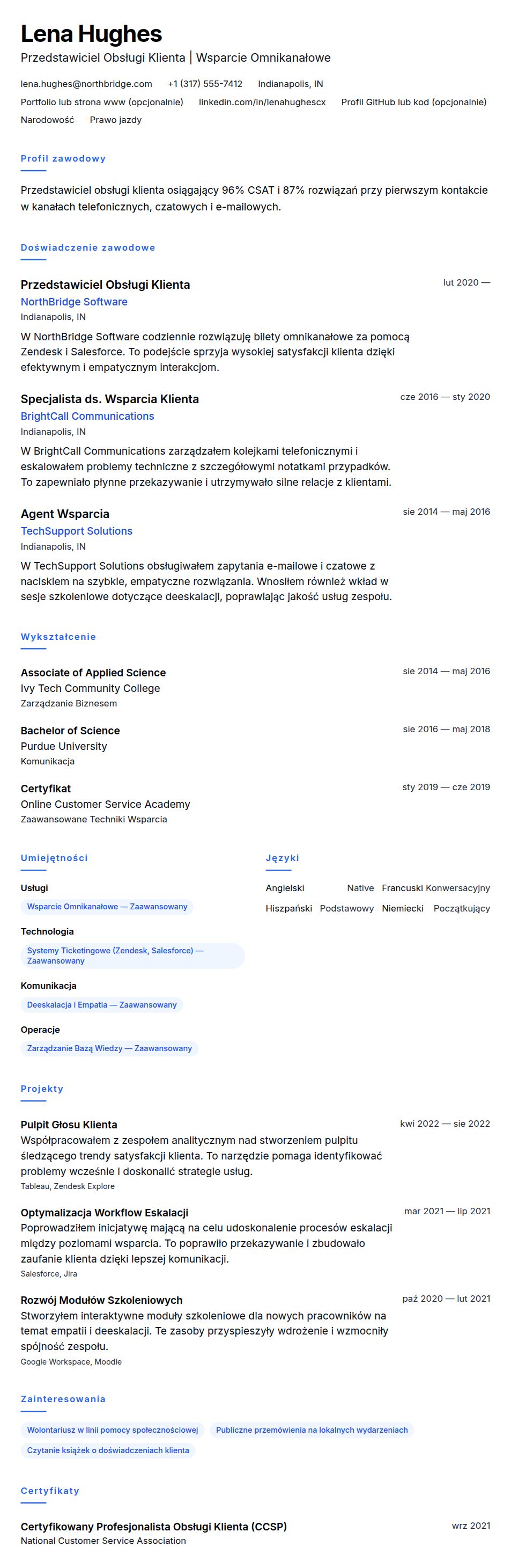 Podgląd CV Przykład CV Przedstawiciela Obsługi Klienta