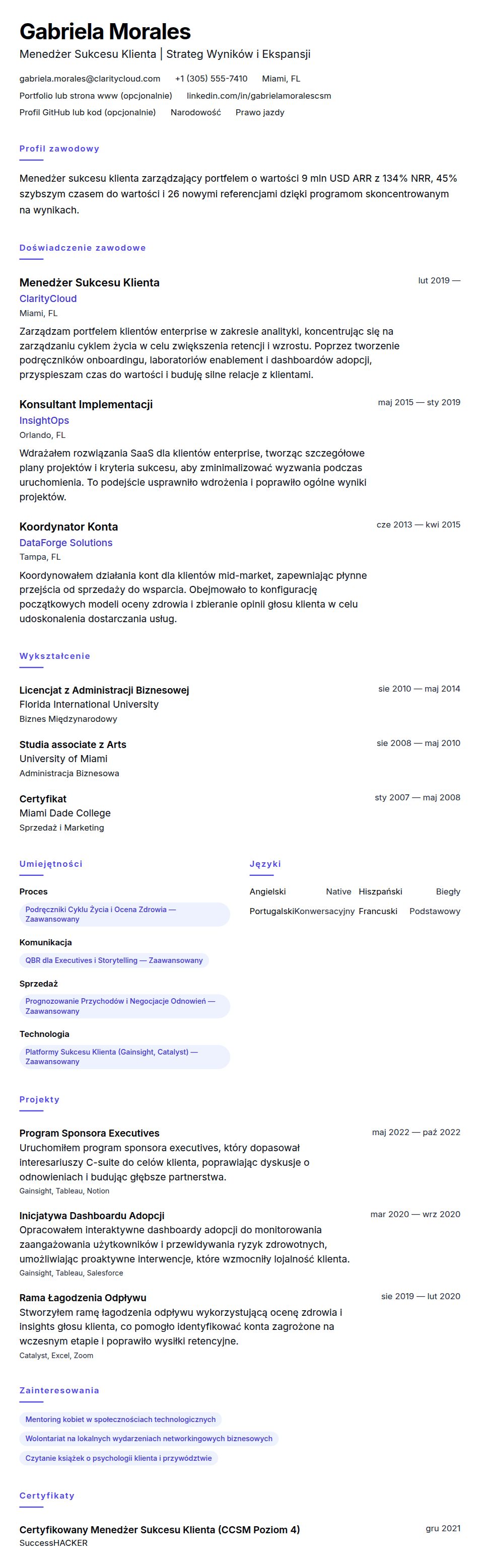 Podgląd CV Przykład CV Menedżera Sukcesu Klienta