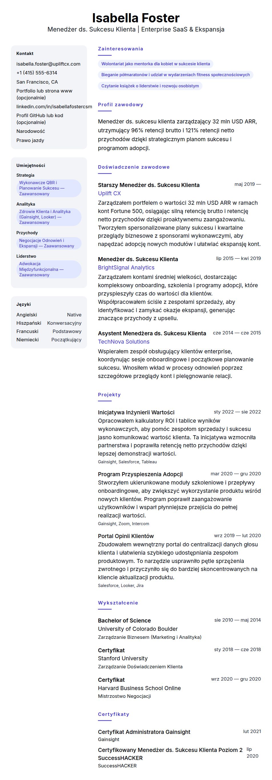 Podgląd CV Przykładowe CV Menedżera ds. Sukcesu Klienta