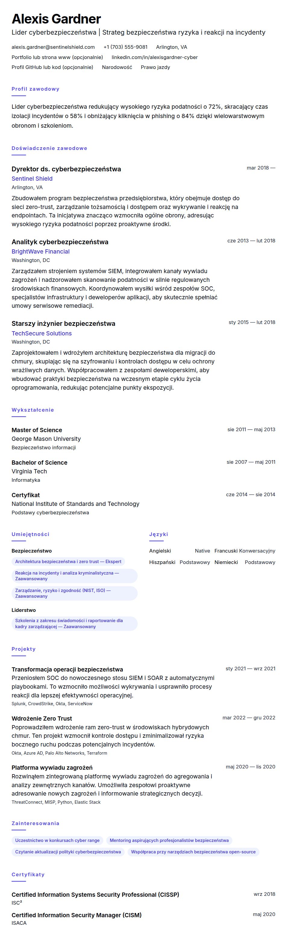 Podgląd CV Przykład CV specjalisty ds. cyberbezpieczeństwa