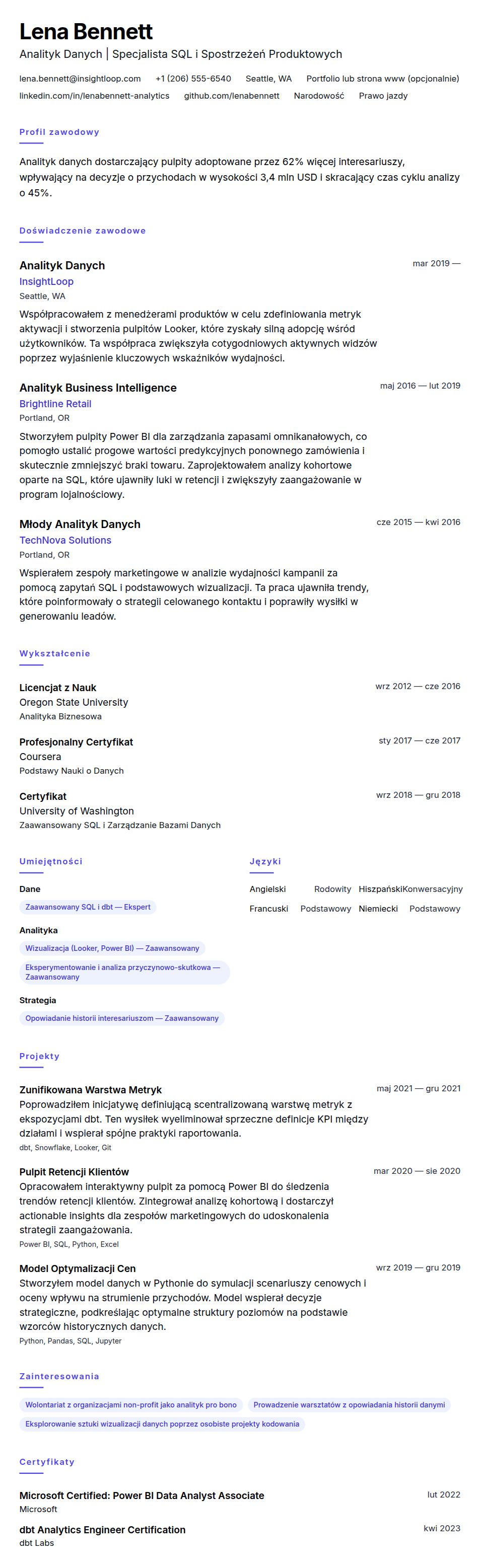 Przykładowe CV Analityka Danych