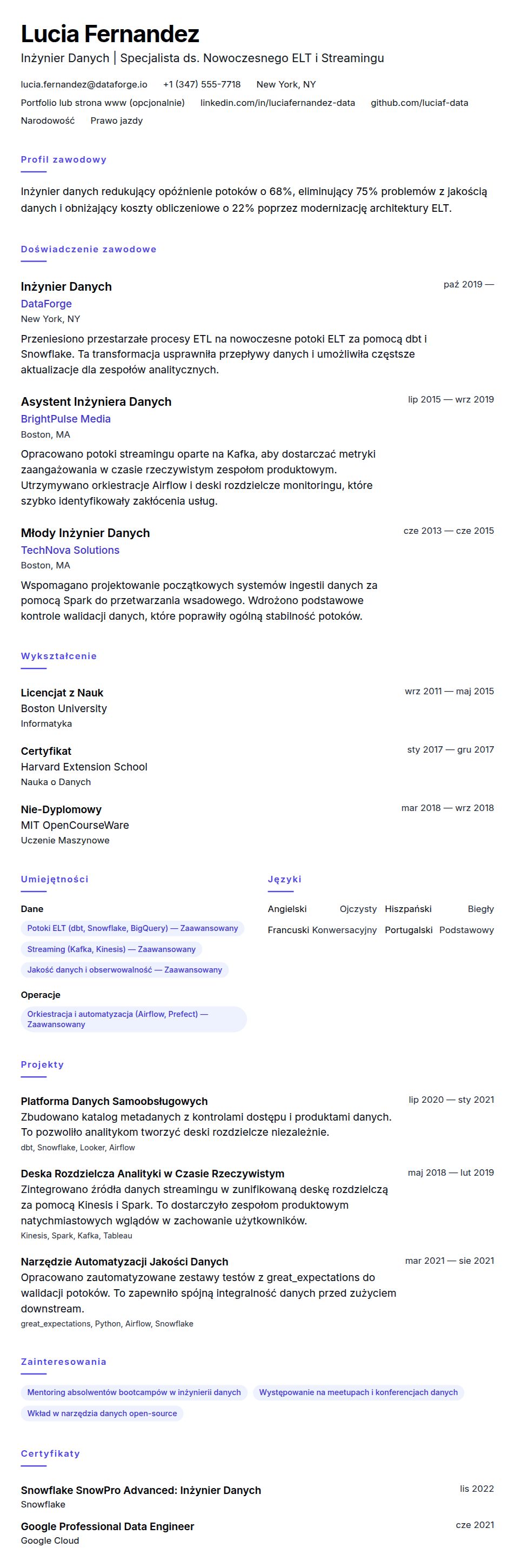 Podgląd CV Przykładowe CV Inżyniera Danych