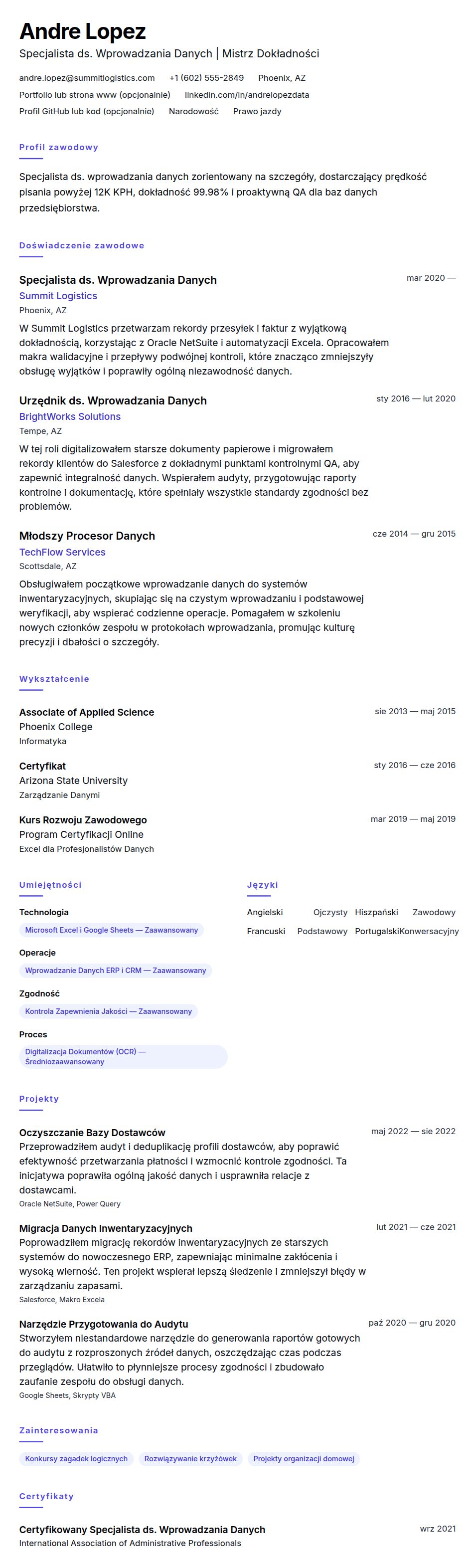 Podgląd CV Przykładowe CV Specjalisty ds. Wprowadzania Danych
