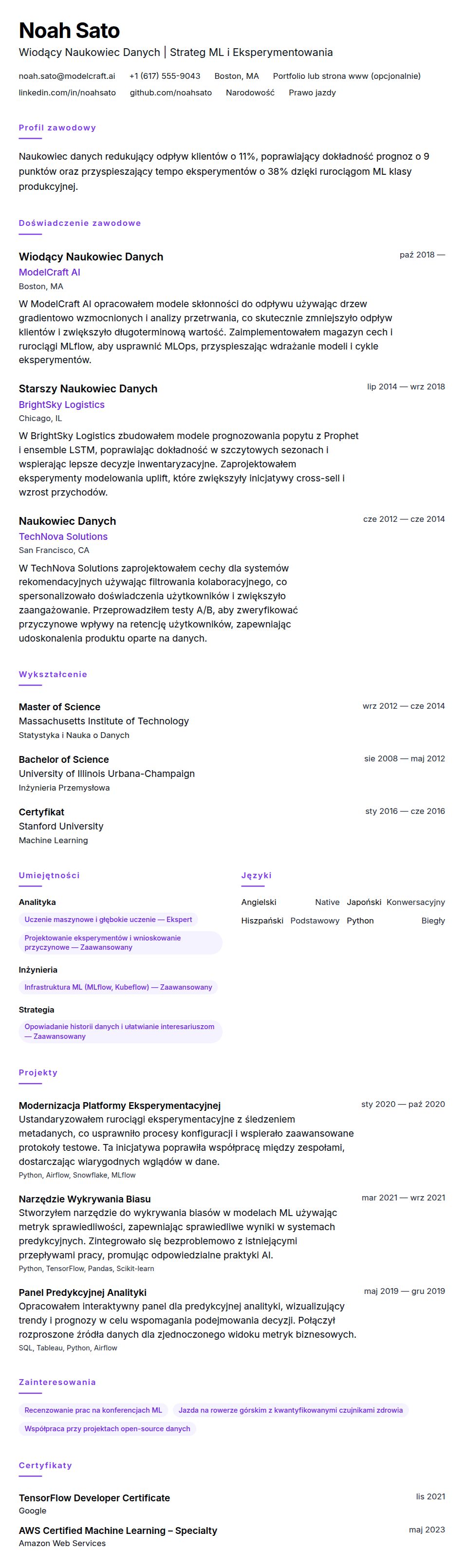 Podgląd CV Przykład CV Naukowca Danych
