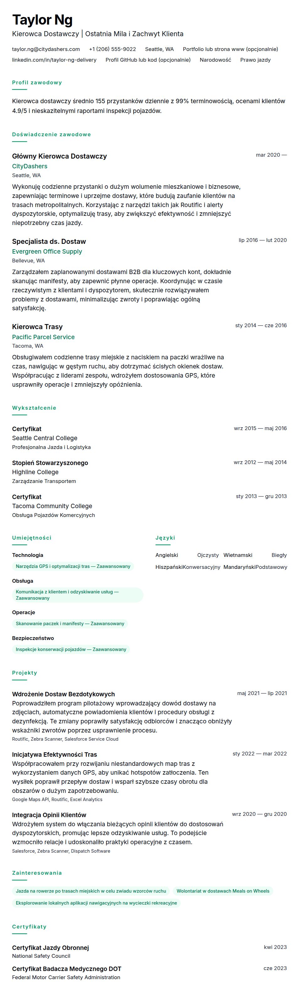 Przykładowe CV Kierowcy Dostawczego