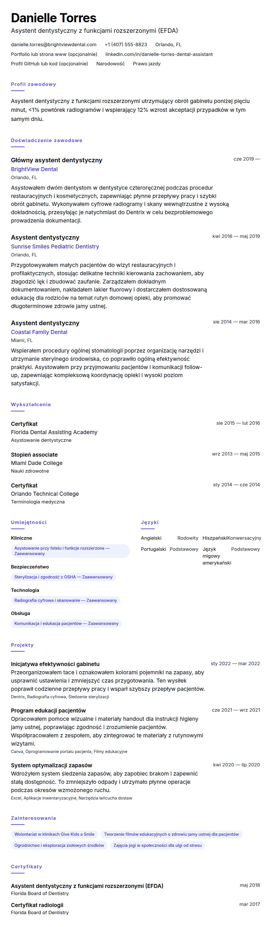 Podgląd CV Przykład CV asystenta dentystycznego