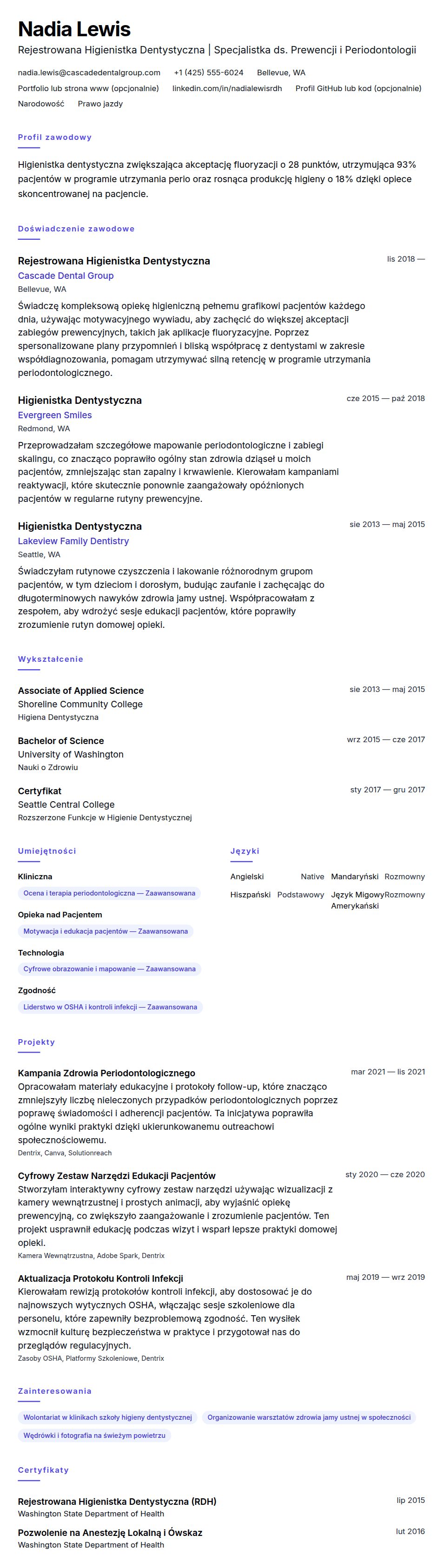 Podgląd CV Przykładowe CV Higienistki Dentystycznej