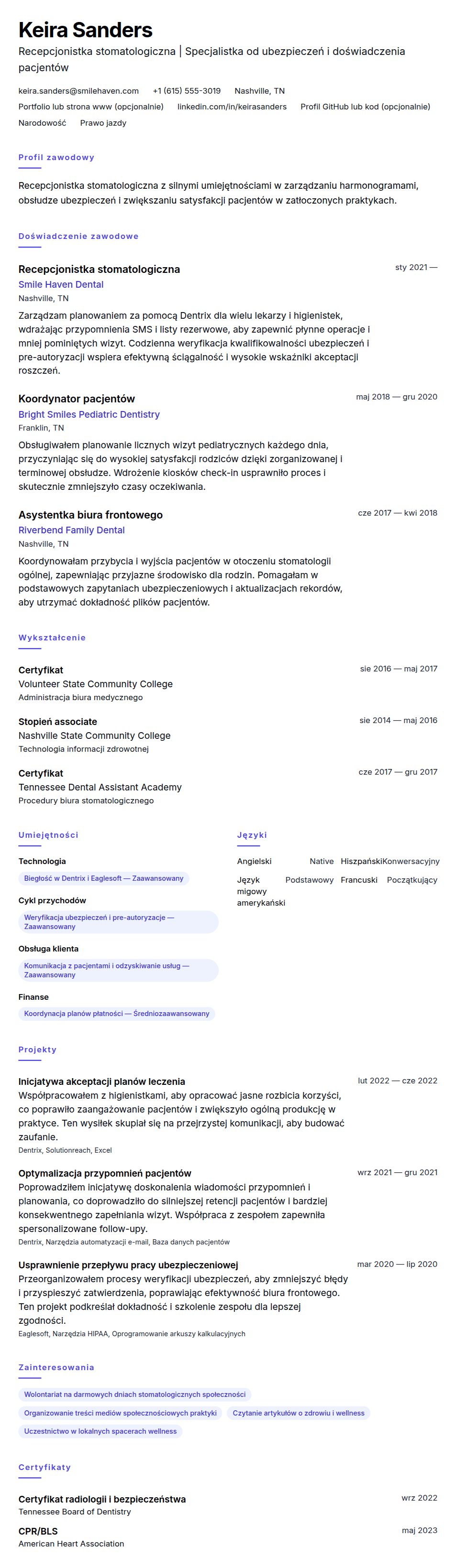 Podgląd CV Przykład CV recepcjonistki stomatologicznej