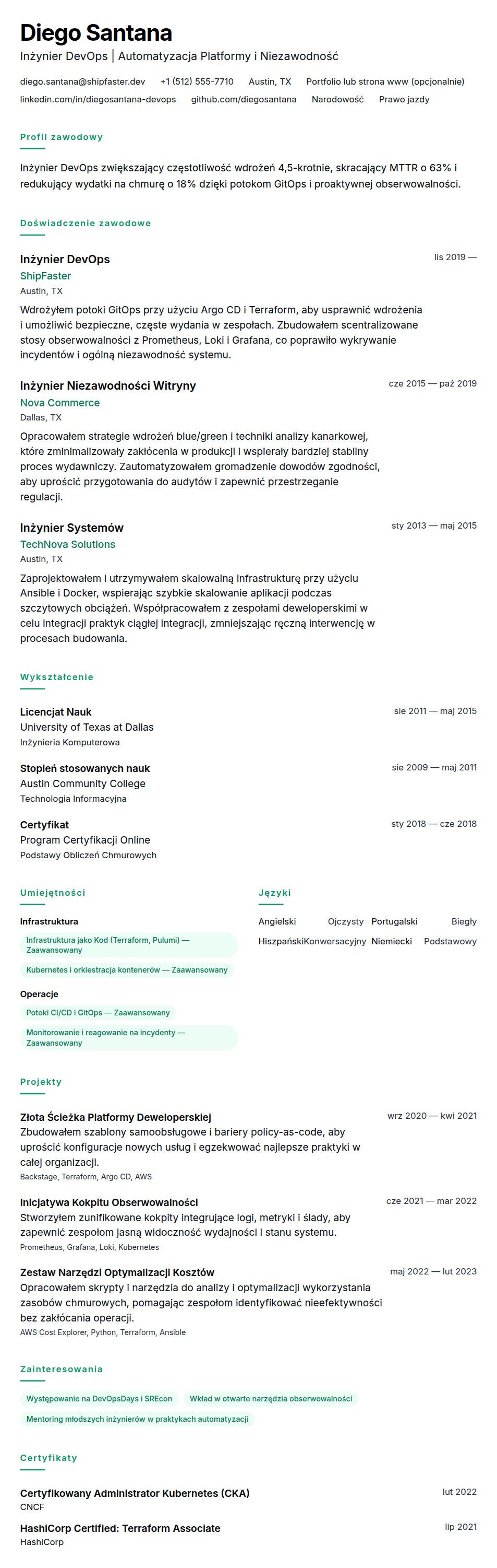 Podgląd CV Przykładowe CV Inżyniera DevOps