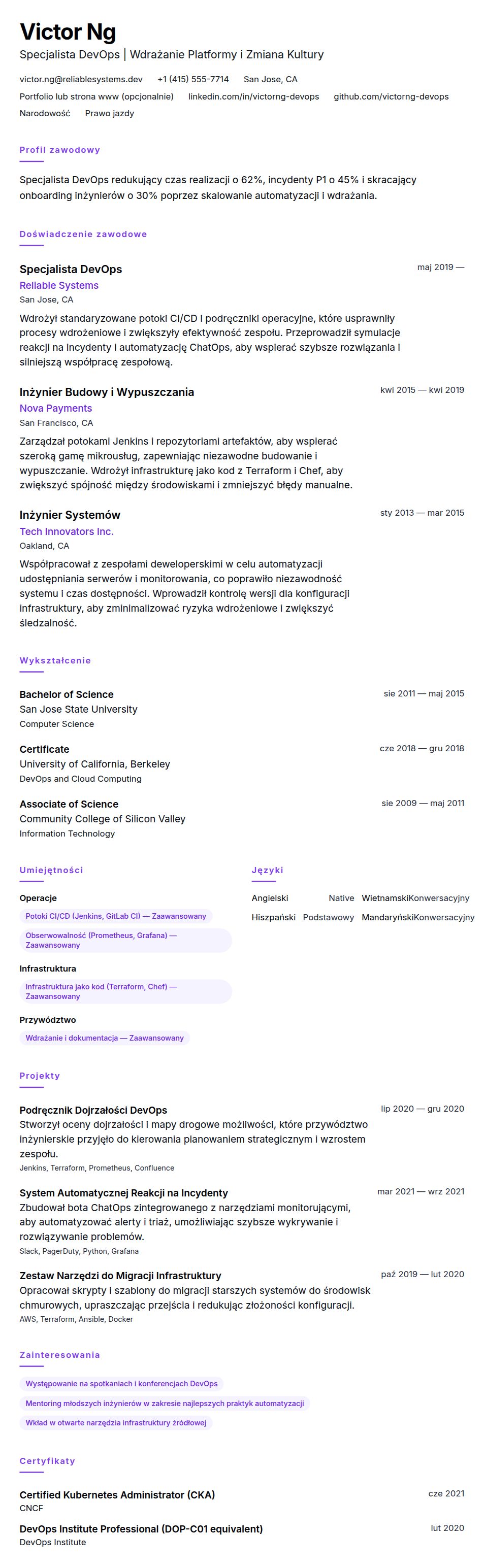 Podgląd CV Przykładowe CV Specjalisty DevOps