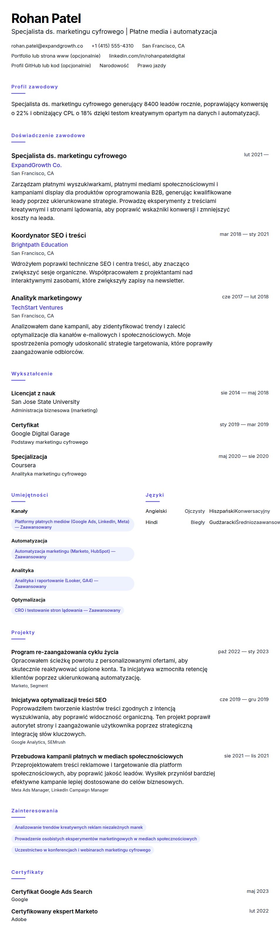 Podgląd CV Przykładowe CV Specjalisty ds. marketingu cyfrowego