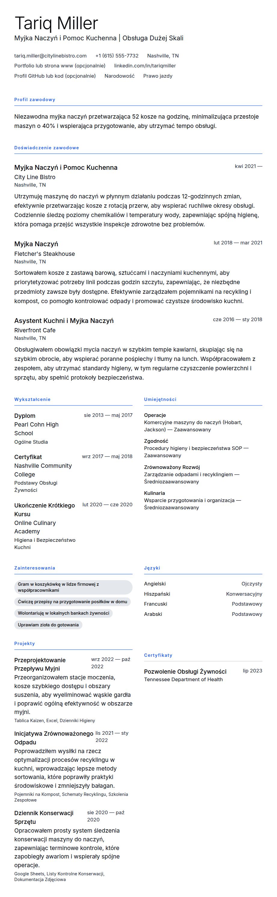 Podgląd CV Przykładowe CV Myjki Naczyń
