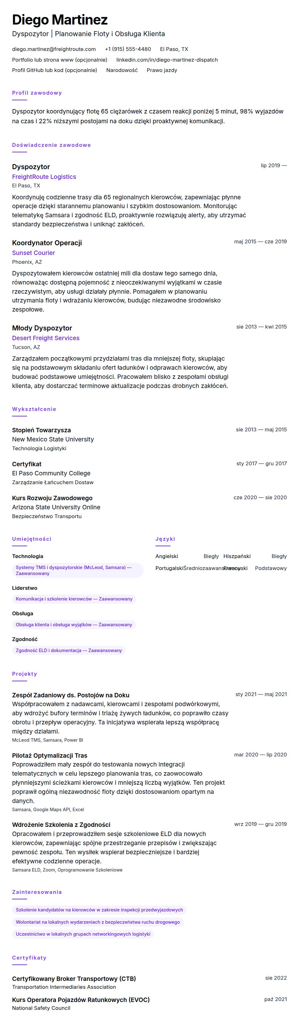 Podgląd CV Przykładowe CV Dyspozytora