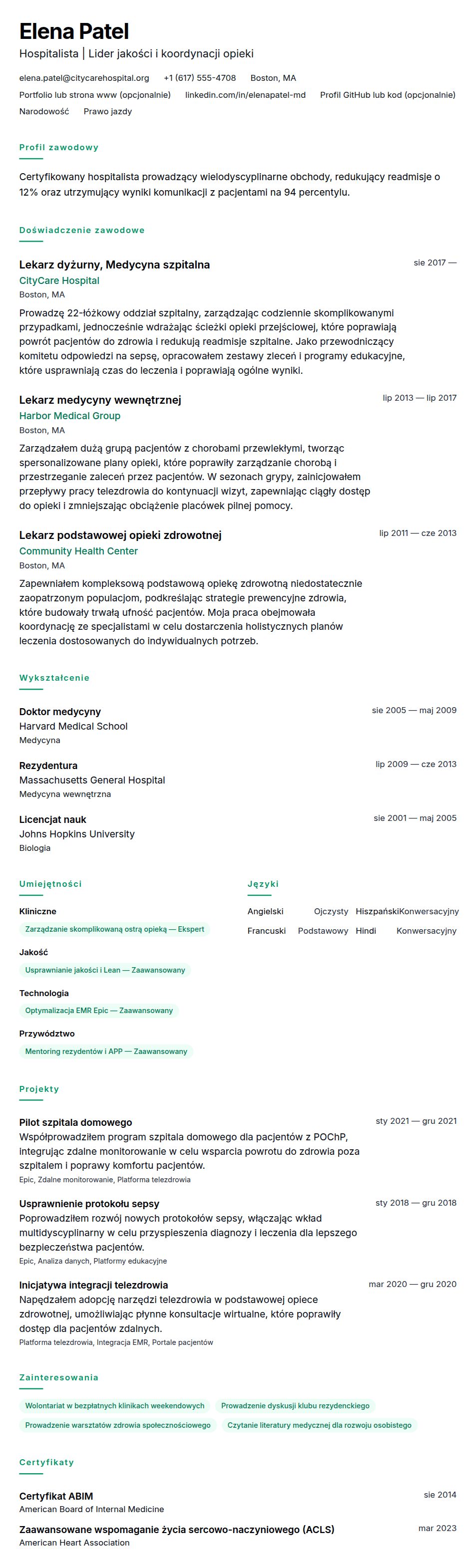 Podgląd CV Przykładowe CV lekarza