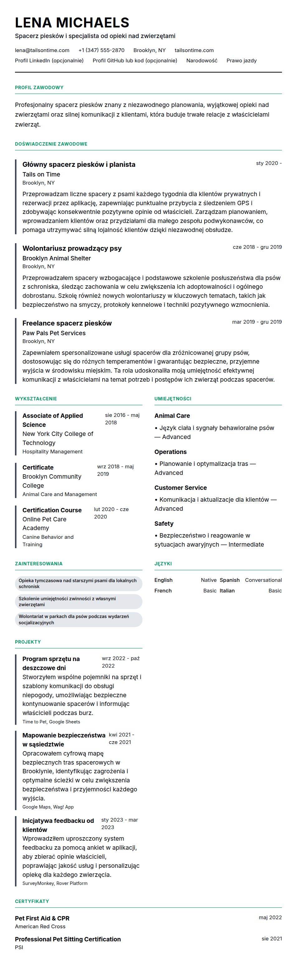 Podgląd CV Przykład CV spacerowicza z psami