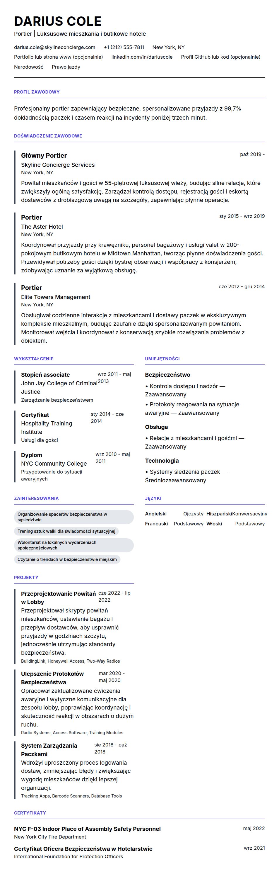 Podgląd CV Przykład CV Portiera