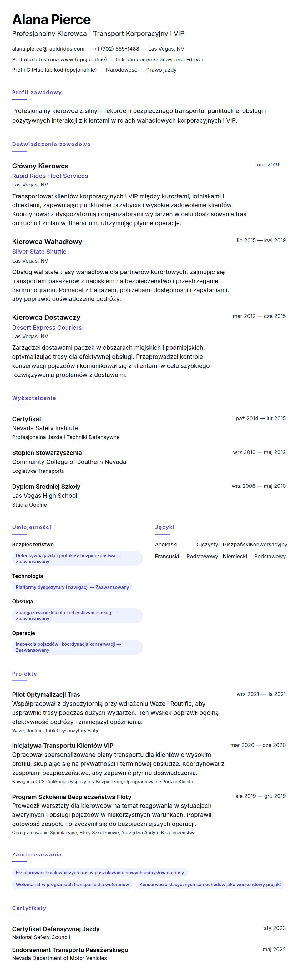 Podgląd CV Przykładowe CV Kierowcy
