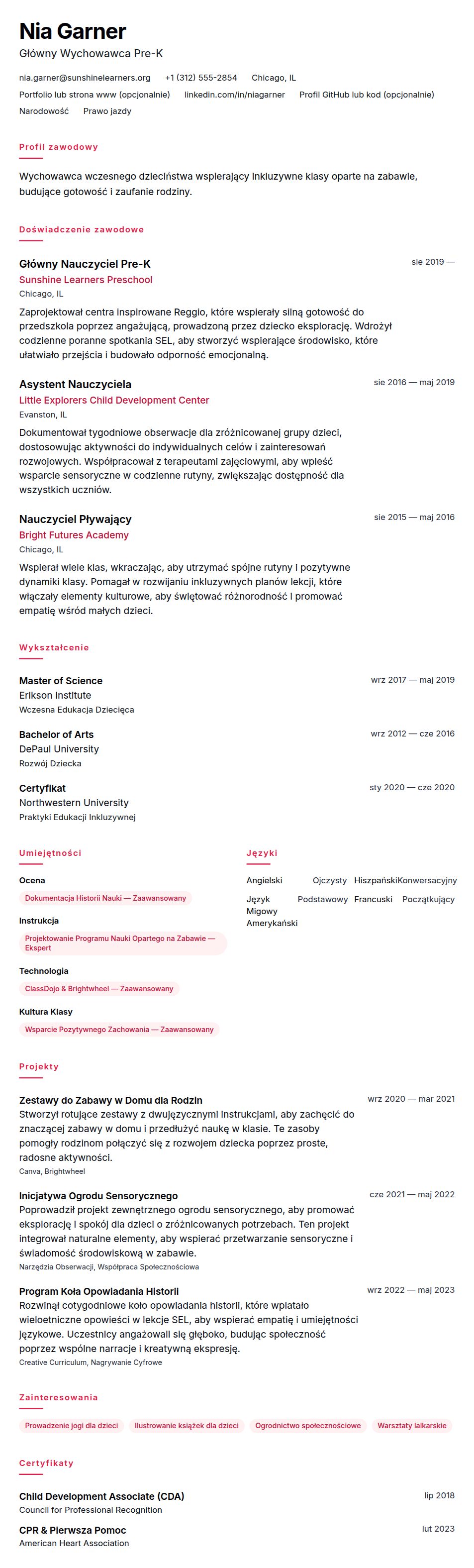 Podgląd CV Przykładowe CV Wychowawcy wczesnego dzieciństwa