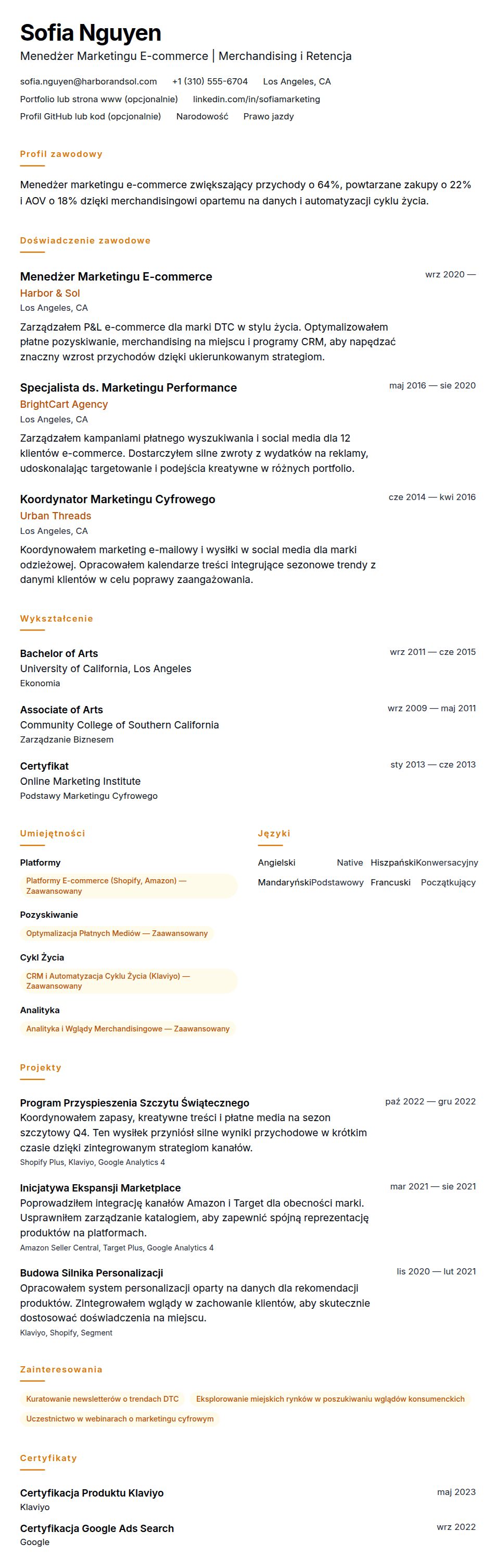 Przykład CV Menedżera Marketingu E-commerce
