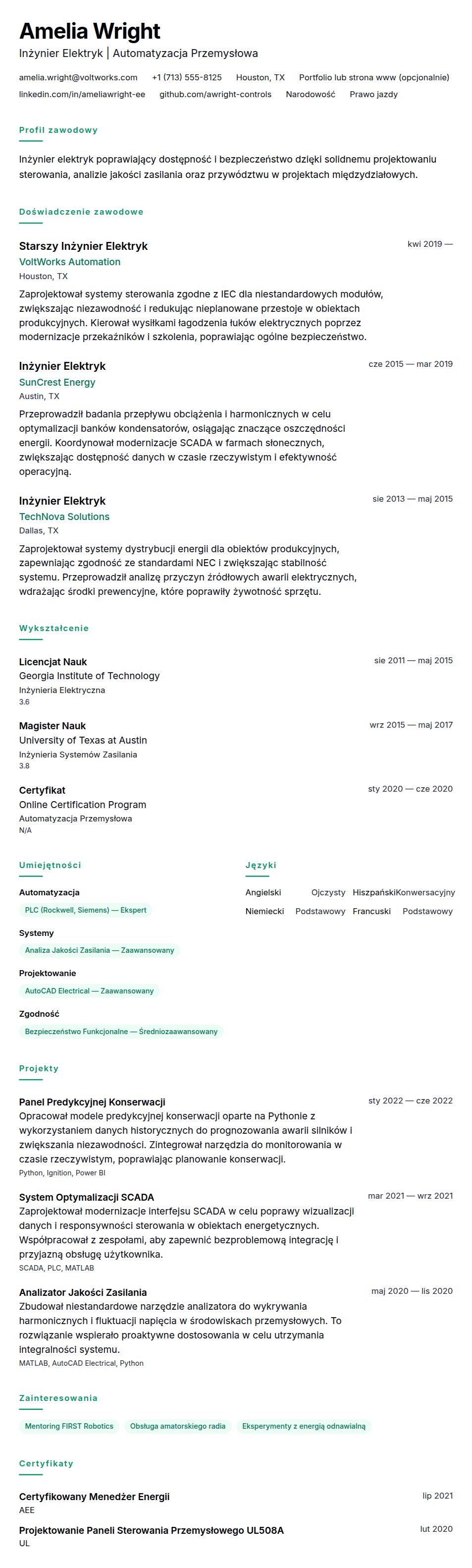 Podgląd CV Przykładowe CV Inżyniera Elektryka