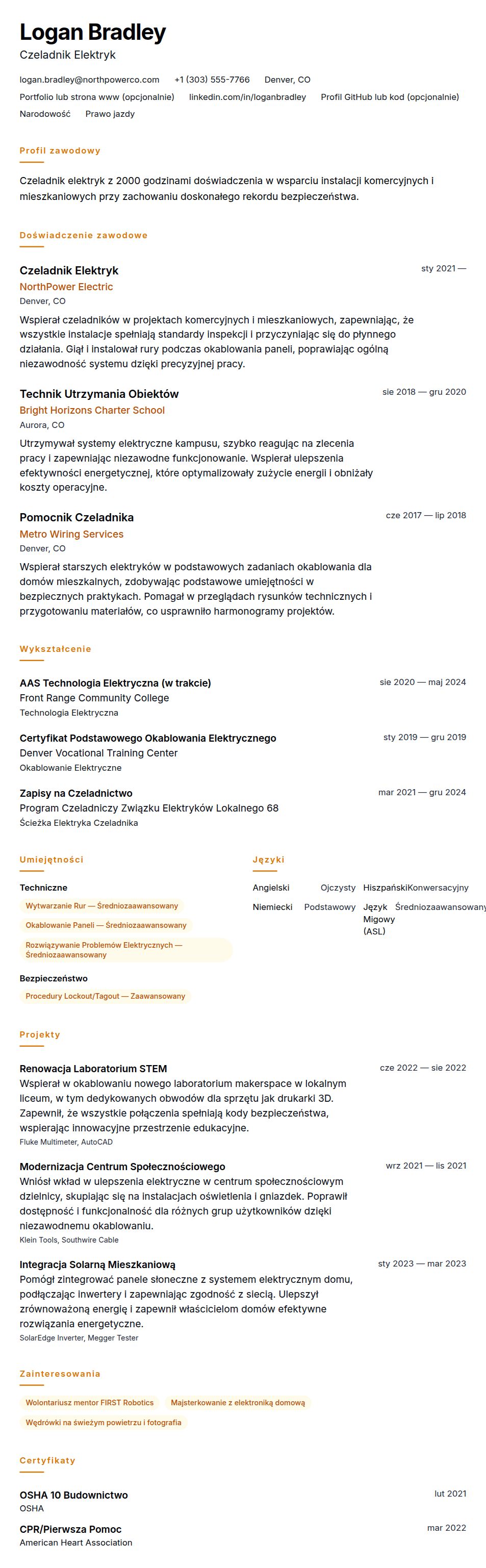 Przykładowe CV Czeladnika Elektryka