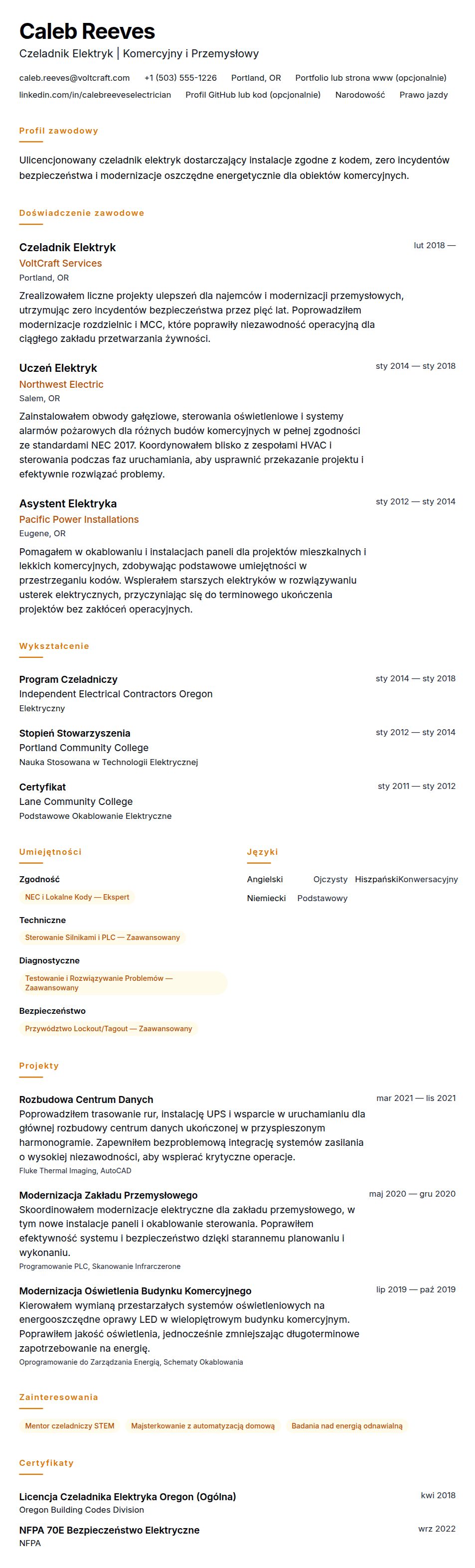 Przykład CV Elektryka