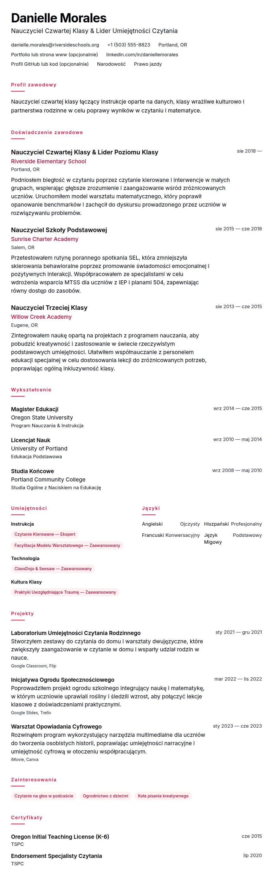 Podgląd CV Przykładowe CV Nauczyciela Szkoły Podstawowej