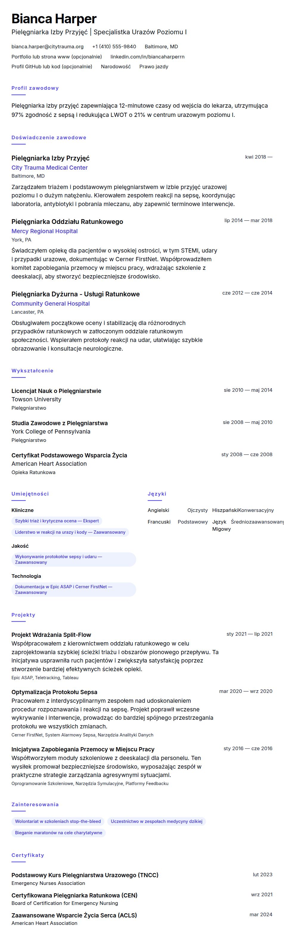 Podgląd CV Przykład CV Pielęgniarki Izby Przyjęć (ER)