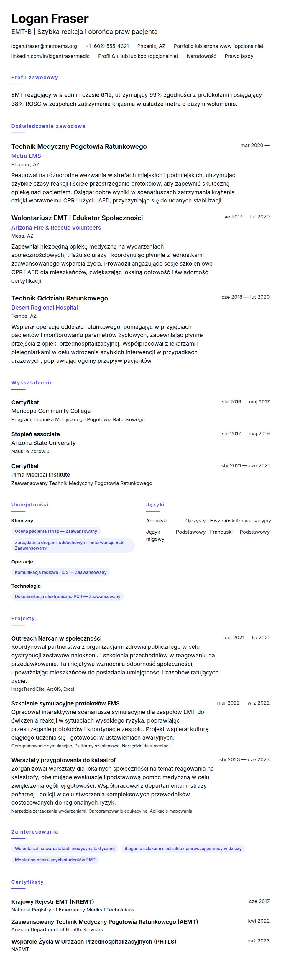Podgląd CV Przykład CV Technika Medycznego Pogotowia Ratunkowego (EMT)