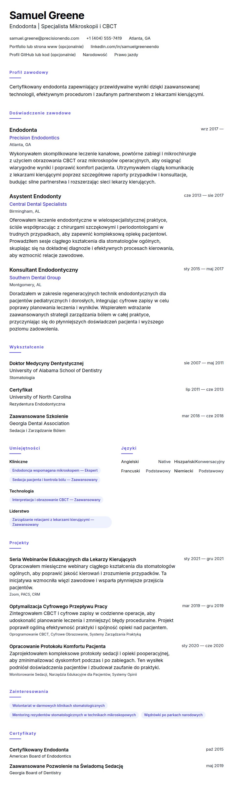 Podgląd CV Przykładowe CV Endodonty