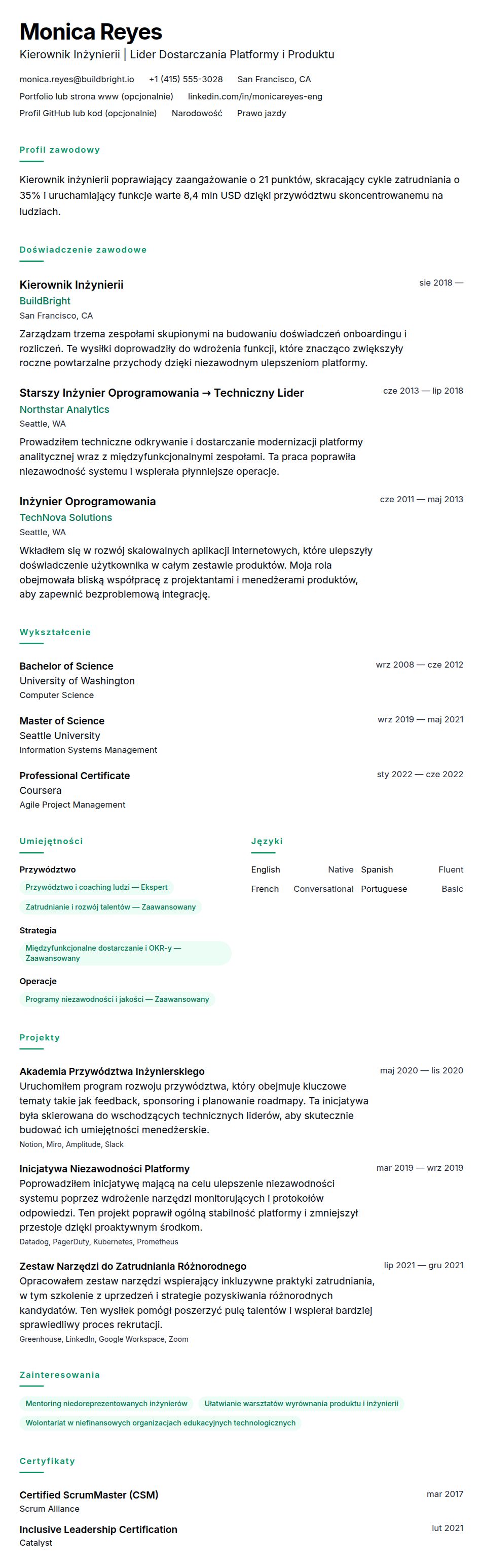 Podgląd CV Przykładowe CV Kierownika Inżynierii