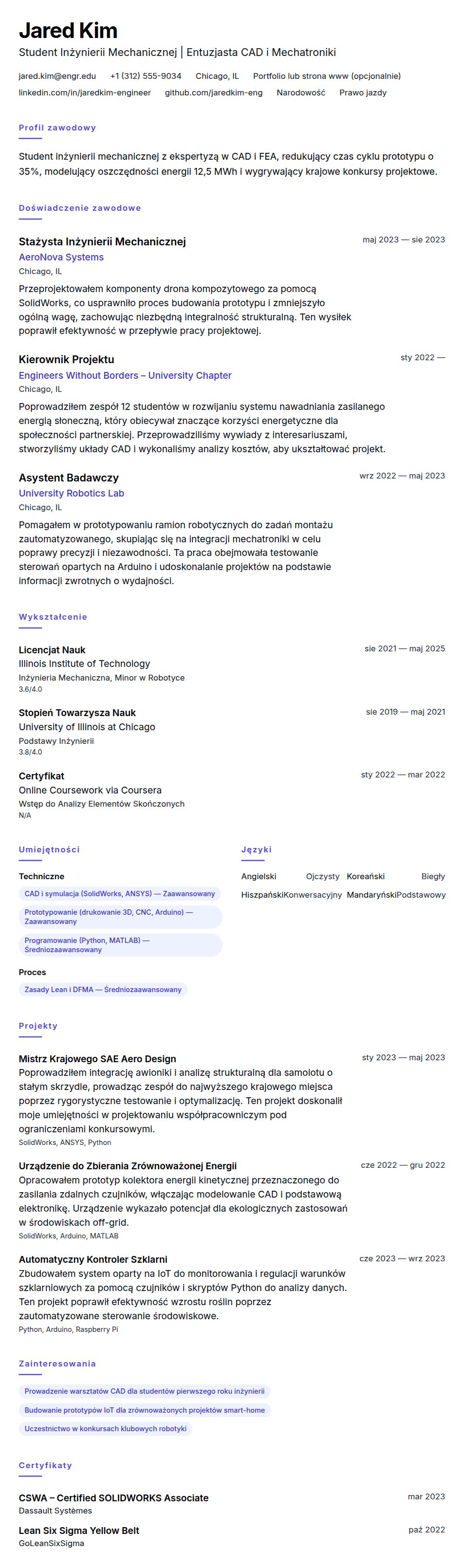 Przykład CV Studenta Inżynierii