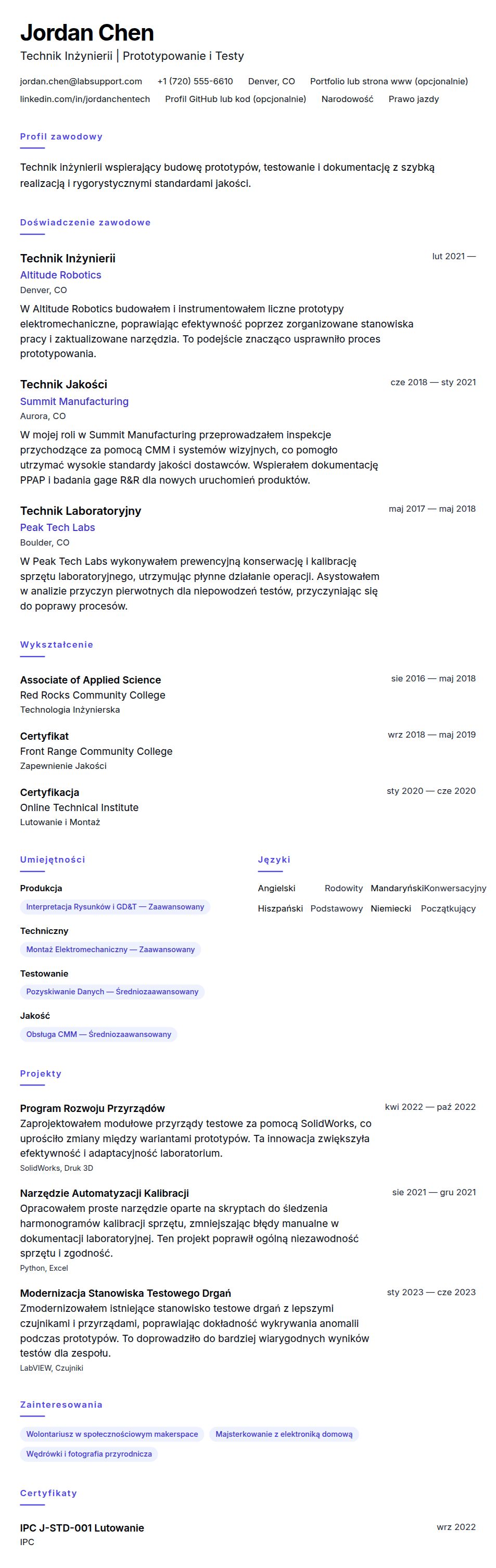Podgląd CV Przykładowe CV Technika
