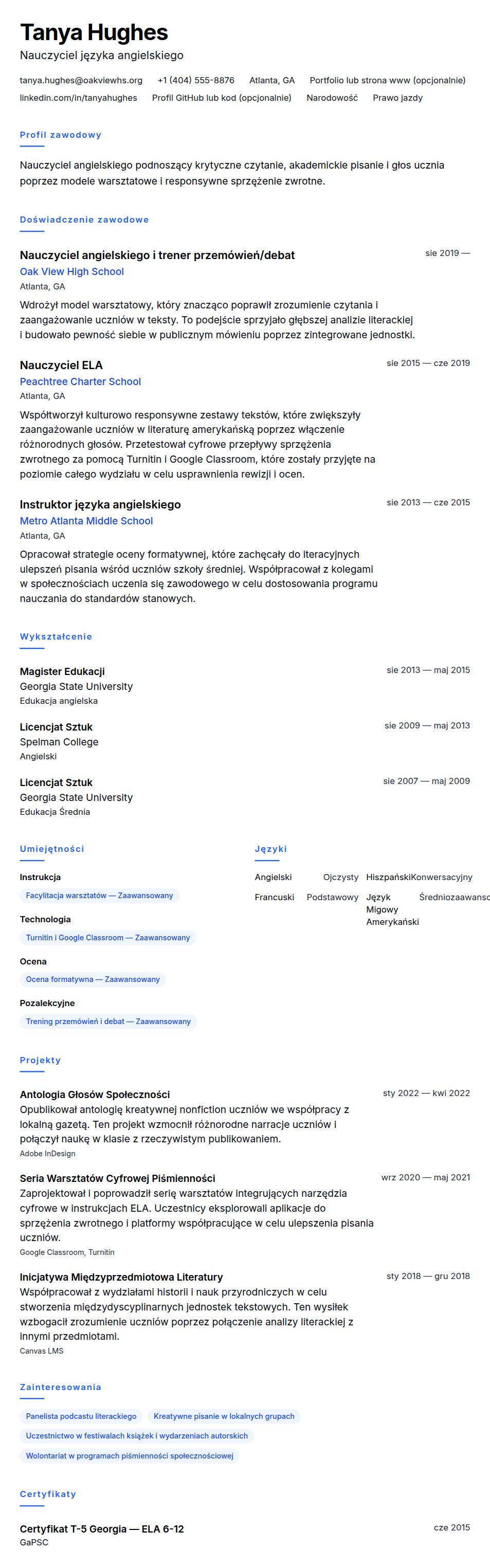 Podgląd CV Przykład CV nauczyciela angielskiego