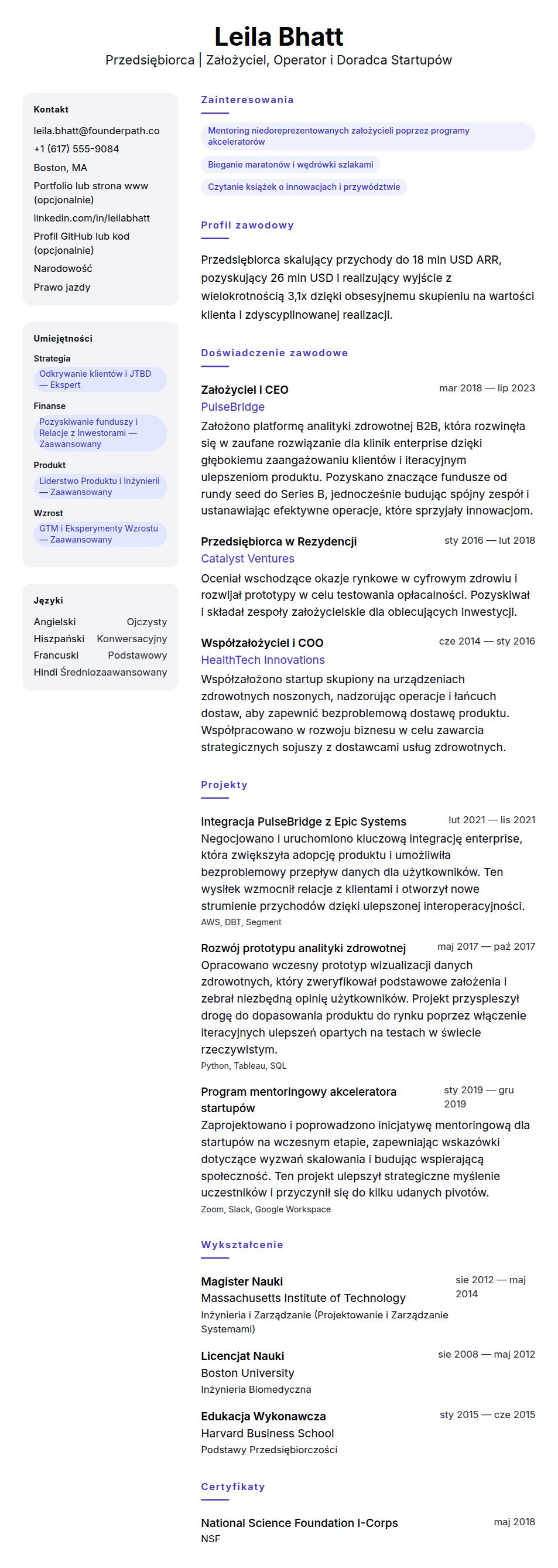 Podgląd CV Przykładowe CV Przedsiębiorcy