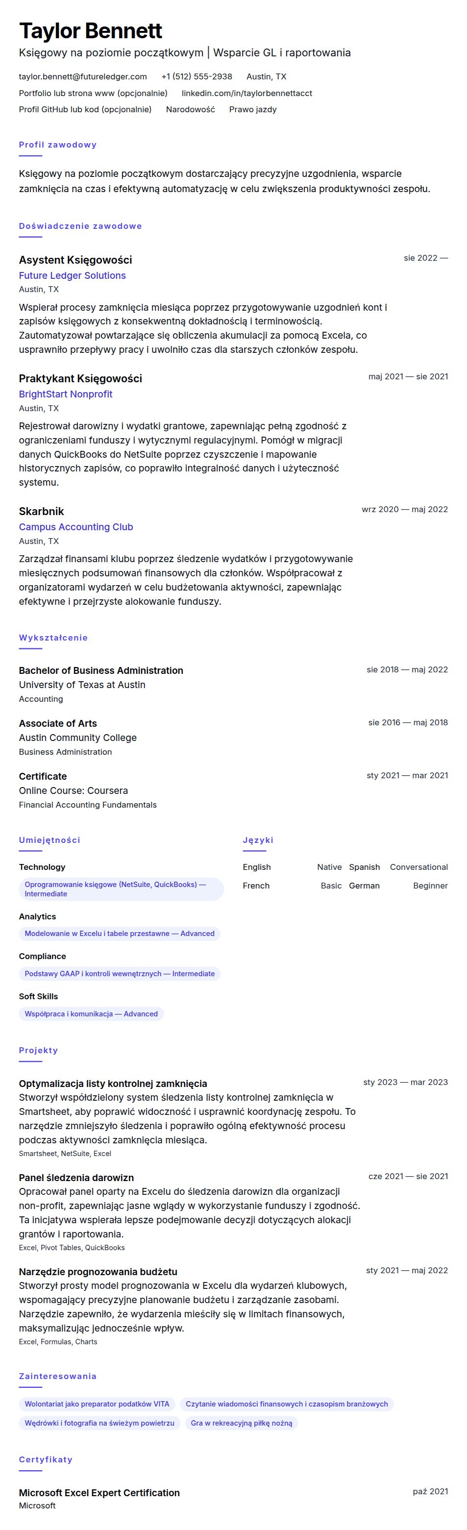 Podgląd CV Przykładowe CV Księgowego na Poziomie Początkowym