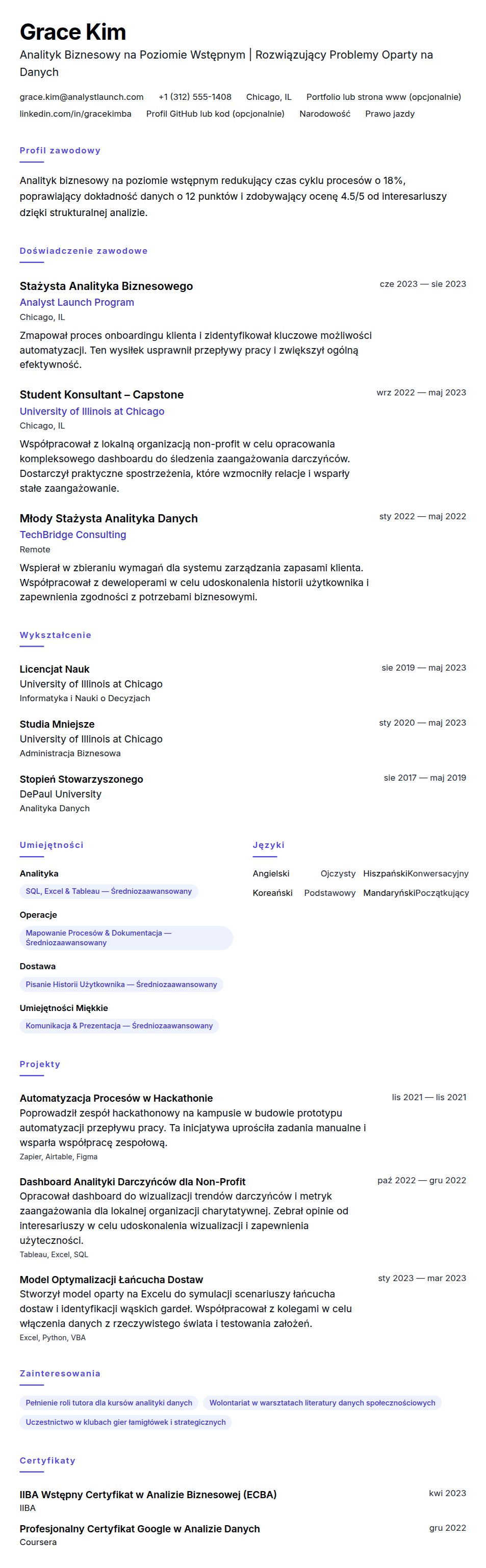 Podgląd CV Przykładowe CV Analityka Biznesowego na Poziomie Wstępnym