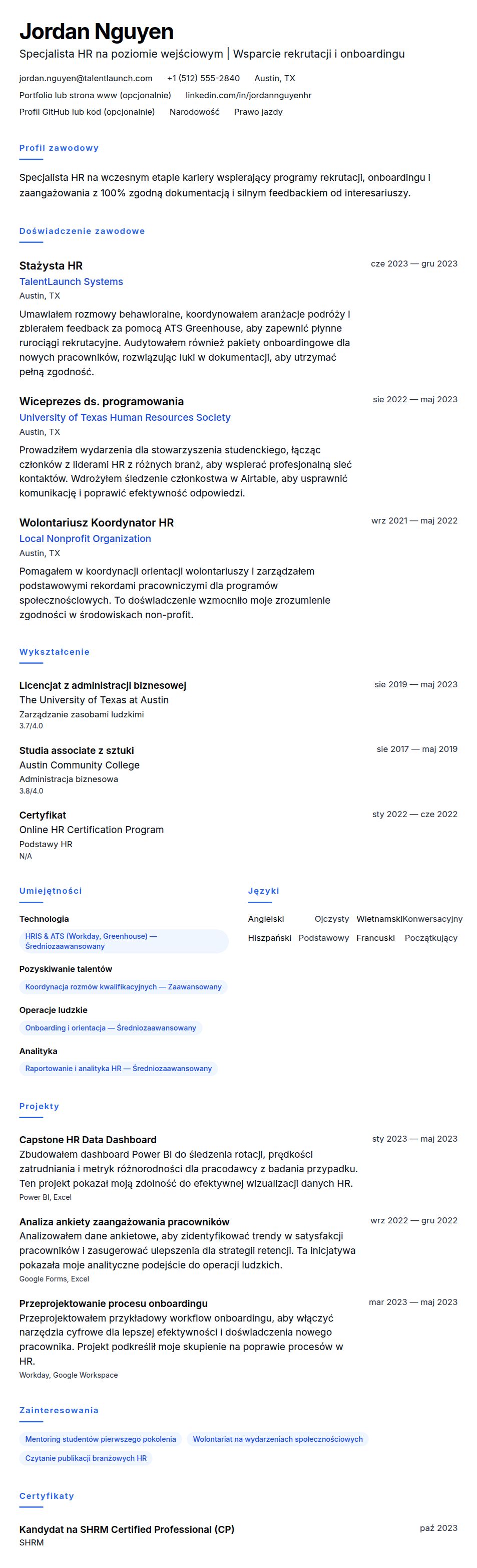 Podgląd CV Przykładowe CV Specjalisty HR na poziomie wejściowym