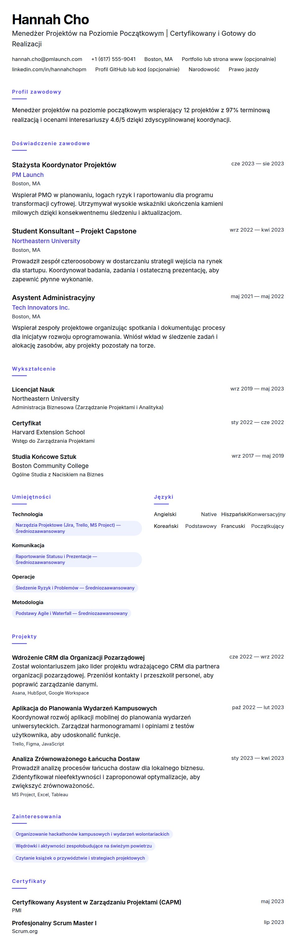 Podgląd CV Przykładowe CV Menedżera Projektów na Poziomie Początkowym
