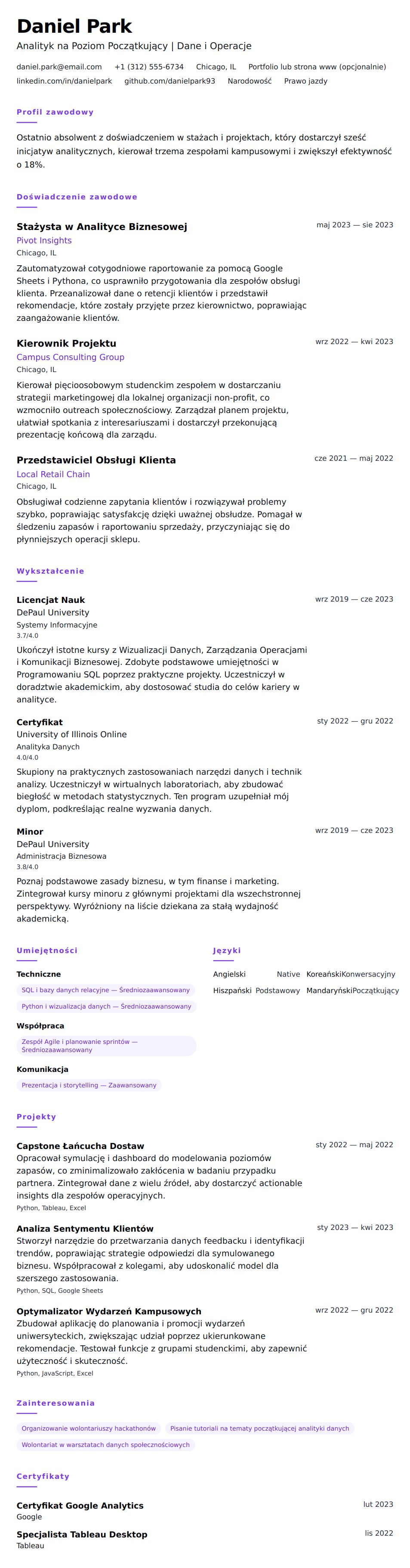 Podgląd CV Przykładowy CV na Poziom Początkujący