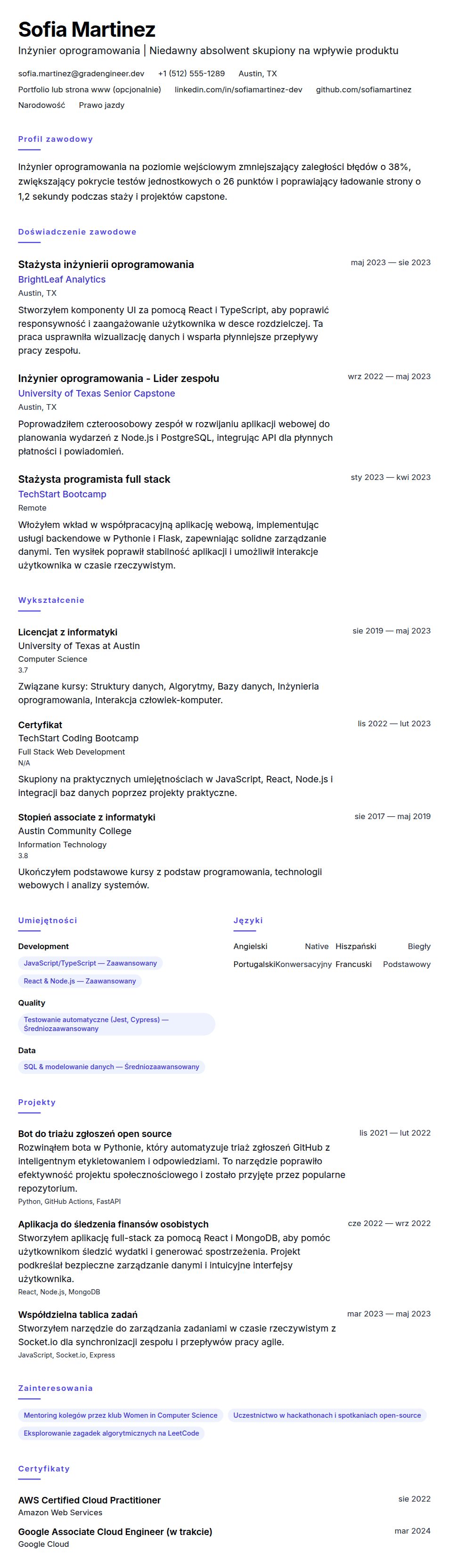Podgląd CV Przykładowe CV inżyniera oprogramowania - poziom wejściowy