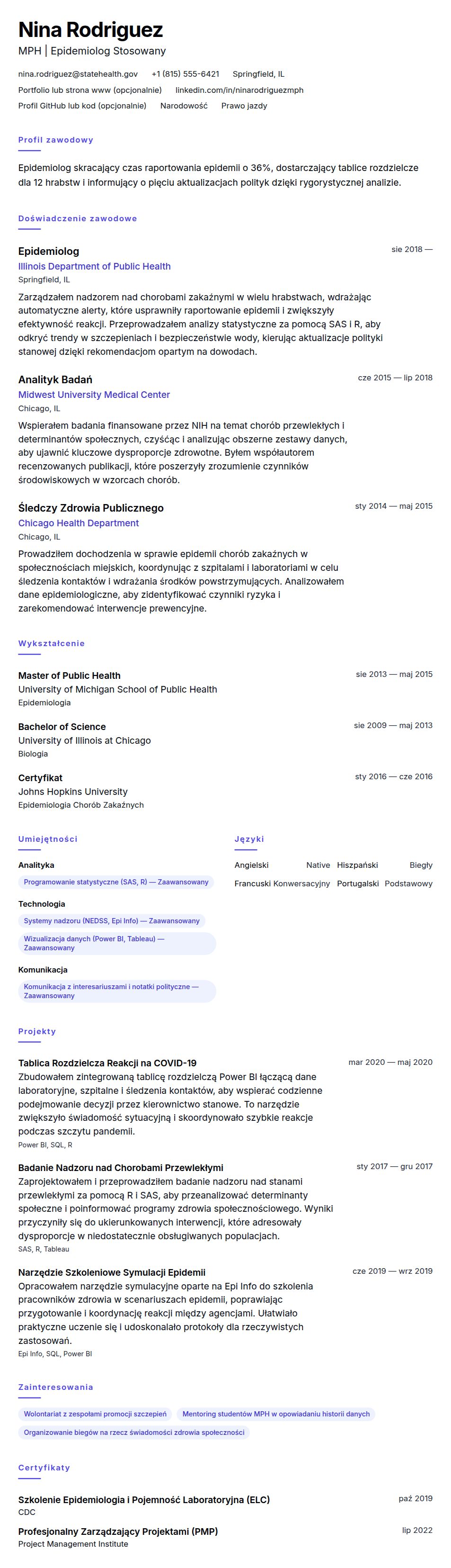 Podgląd CV Przykładowe CV epidemiologa
