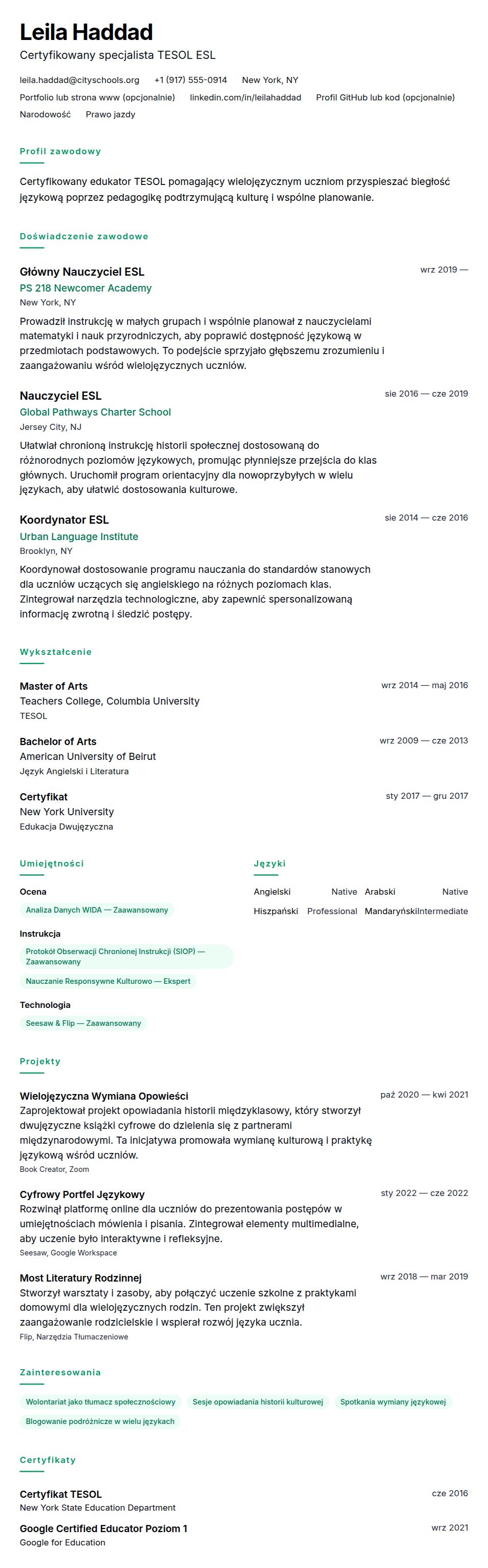 Podgląd CV Przykład CV nauczyciela ESL