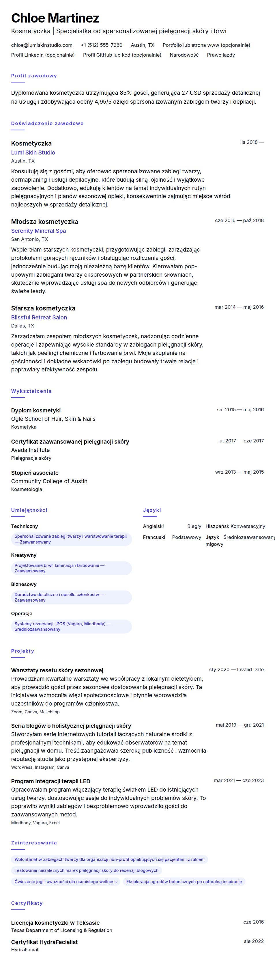 Przykładowe CV kosmetyczki
