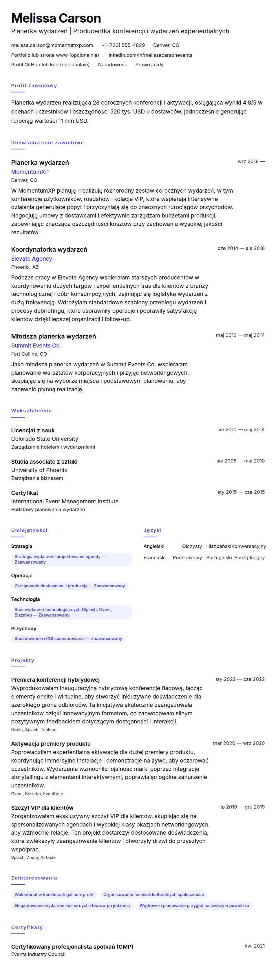 Podgląd CV Przykładowe CV planera wydarzeń