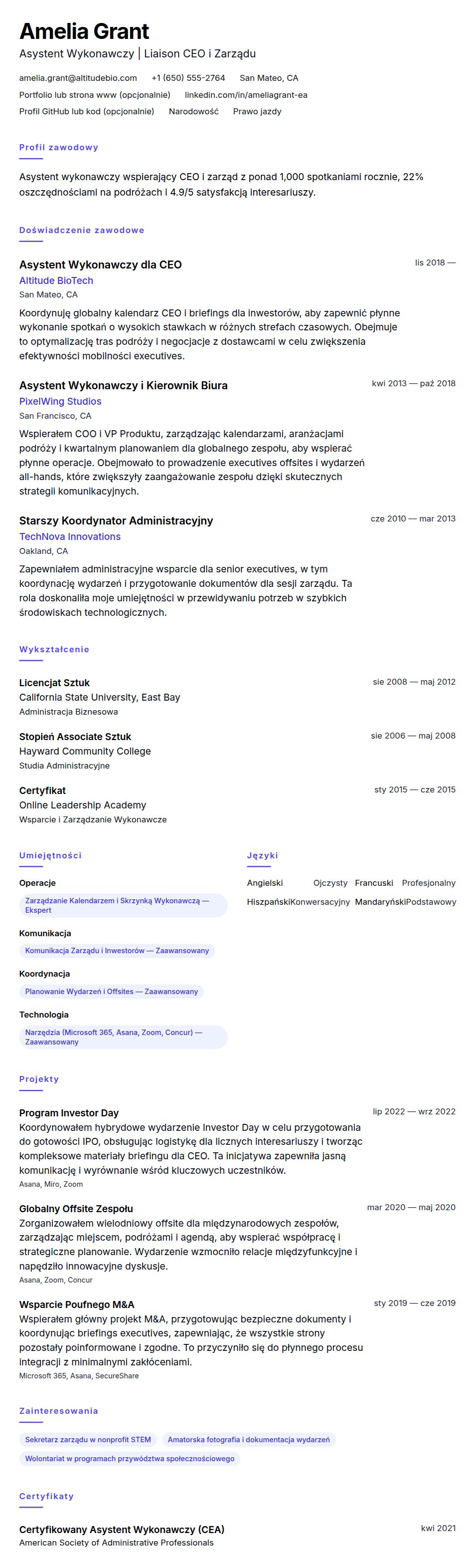 Podgląd CV Przykład CV Asystenta Wykonawczego
