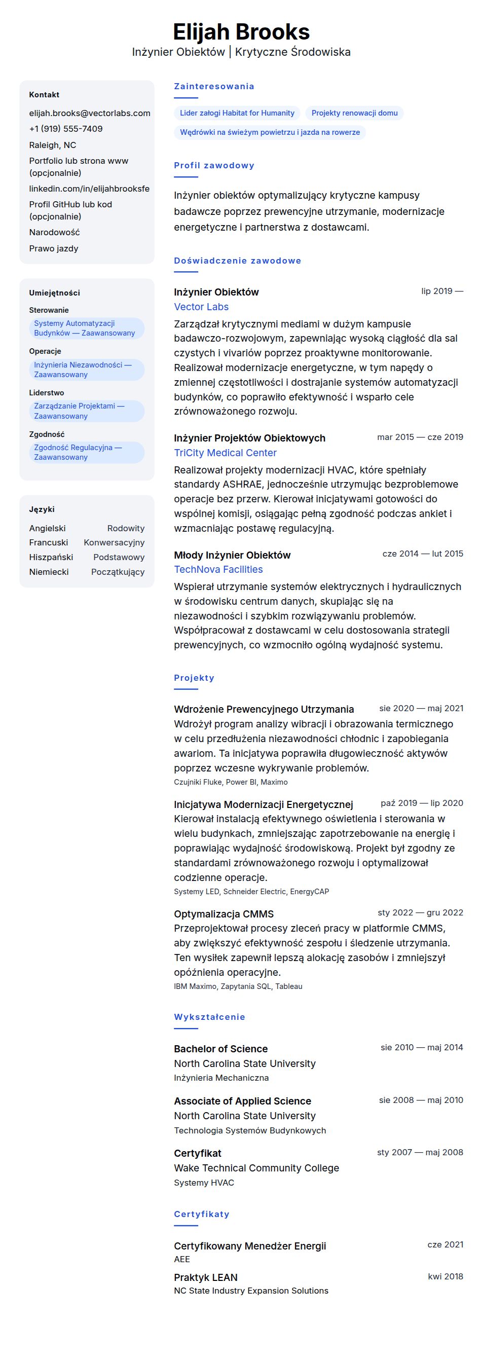 Podgląd CV Przykładowe CV Inżyniera Obiektów