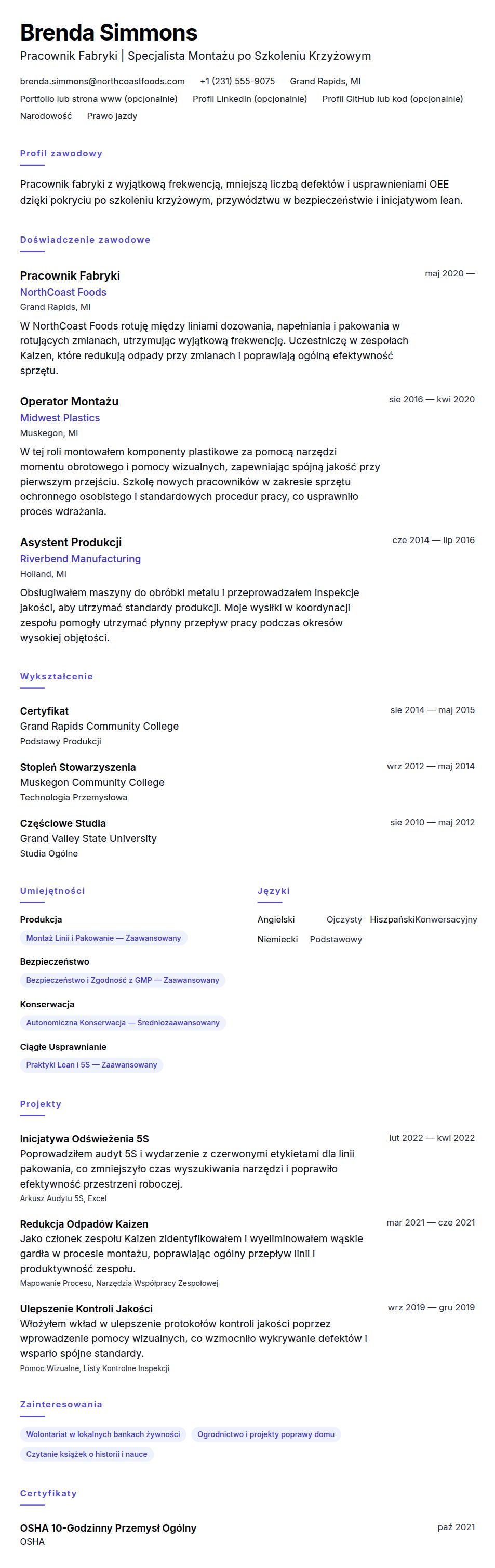 Podgląd CV Przykład CV Pracownika Fabryki