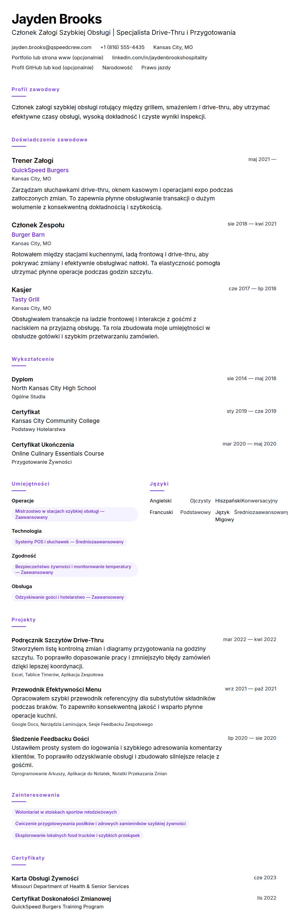 Podgląd CV Przykład CV Pracownika Szybkiej Obsługi