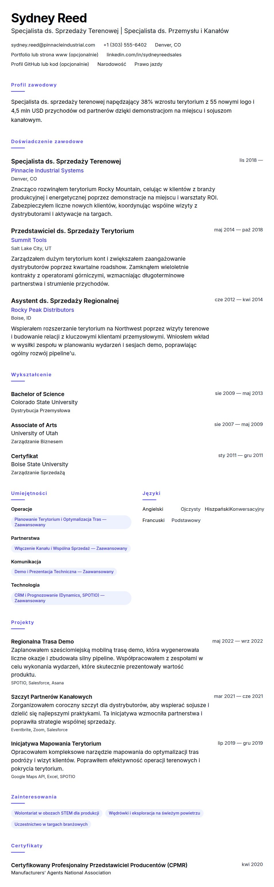 Podgląd CV Przykładowe CV Specjalisty ds. Sprzedaży Terenowej